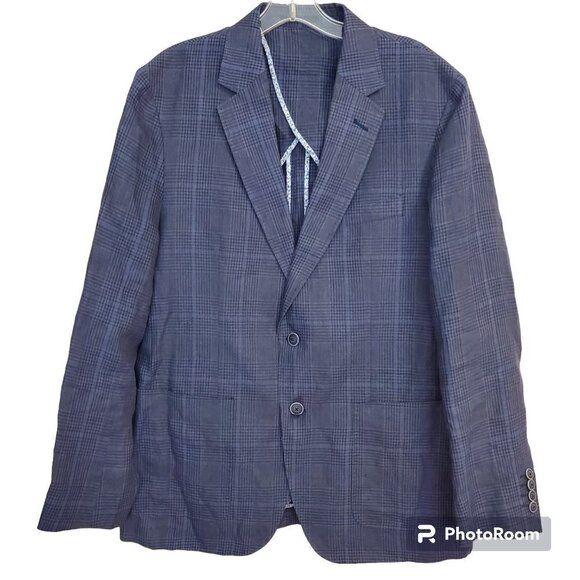 Bugatchi 2 button Linen Blazer Mens Size 42 Running Plaid Blue Gray double vent - Picture 2 of 13